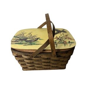vintage picnic basket painted hunting birds insulated cool
